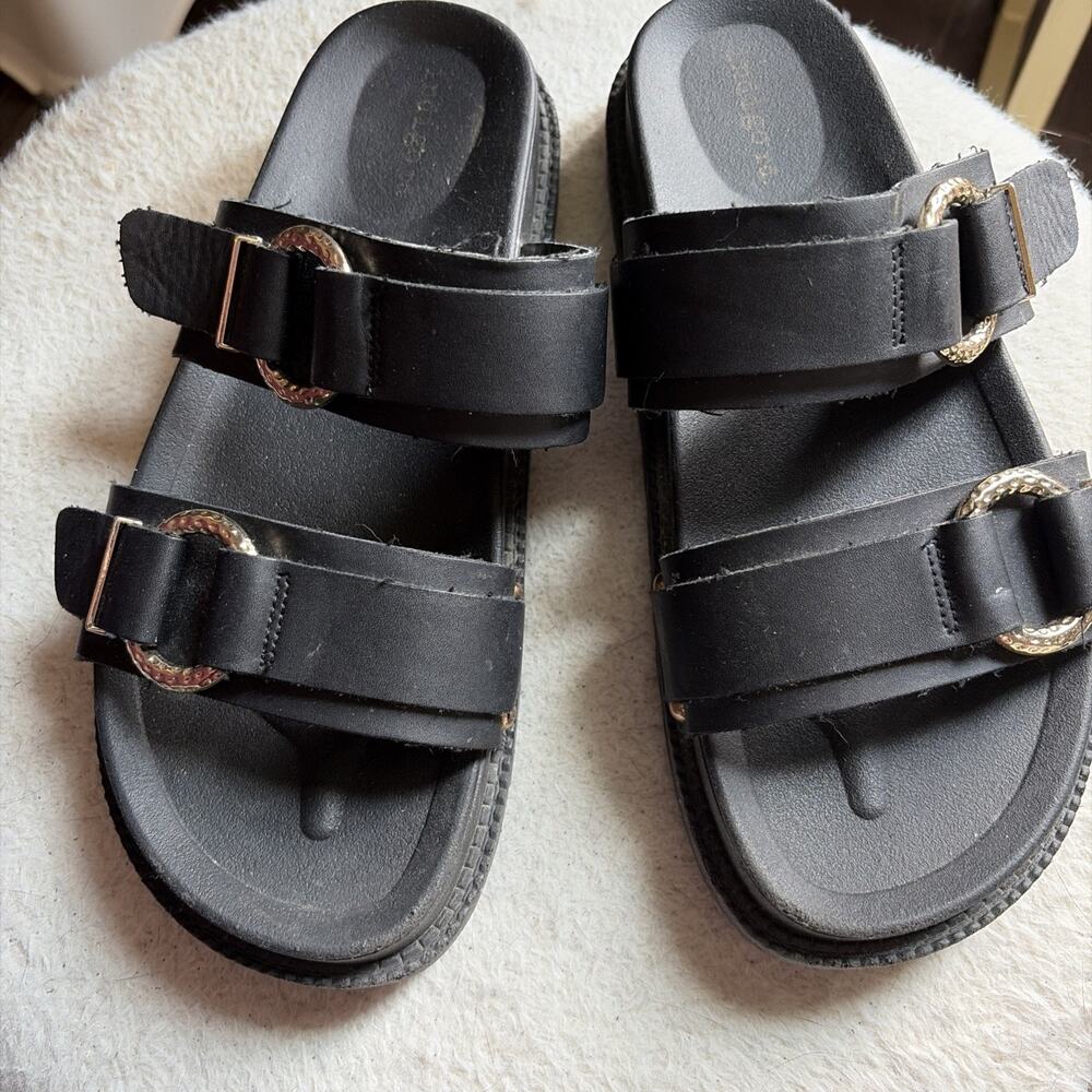 Indigo Black Double Strap Slide Sandals with Gold Buckles